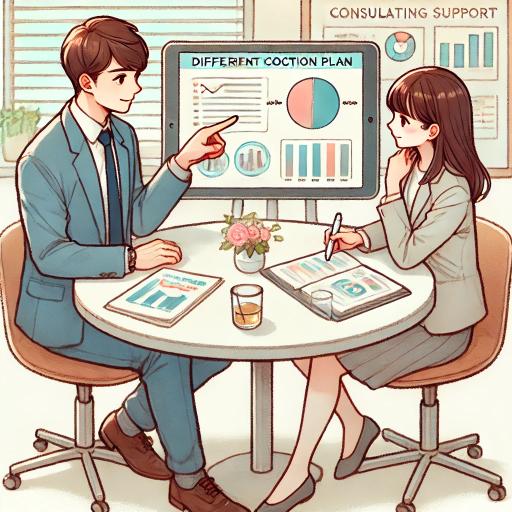 日本人の男性と女性がコンサルティングセッションを行うイラスト。