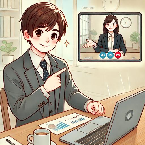 ビデオ通話でコンサルティング提案を行う日本人の男性と女性のイラスト。男性はデスクに座り、ノートパソコンを使いながらプランを説明し、女性は画面越しに笑顔で資料を指差している。
