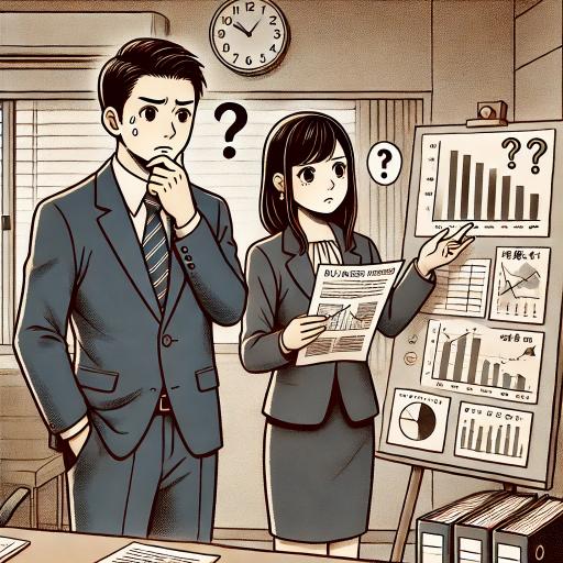 日本人のビジネスマンとビジネスウーマンがオフィスで経営課題について議論しているイラスト。停滞するビジネスの解決を模索している様子。